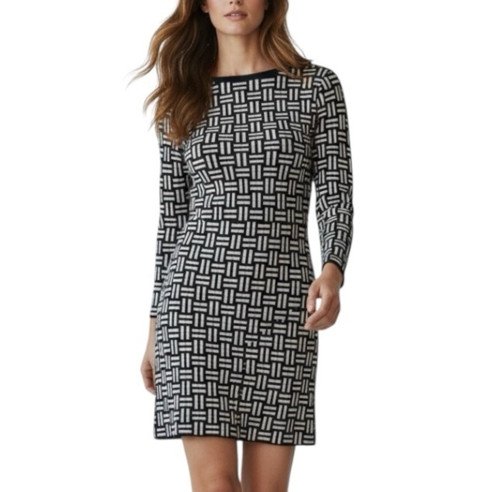 Boden Knit Sweater Dress Navy Ivory Geometric Basketweave 3/4 Sleeve Stretch L